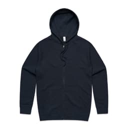 A dark navy zip-up hoodie featuring a hood and front pockets, with a logo present.