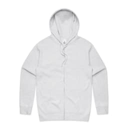 A grey zip-up hoodie with a front pocket and a hood. It features a small logo on the label.