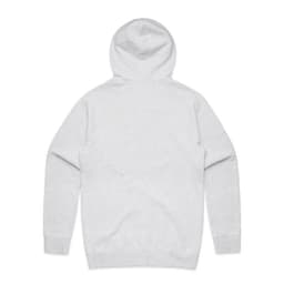A grey hoodie with a kangaroo pocket and a hood. It has a logo on the front.