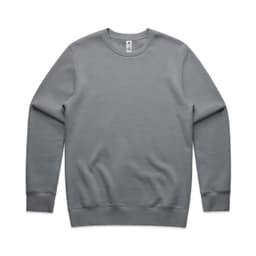 A grey sweatshirt with long sleeves and a round neckline, featuring a logo on the label.