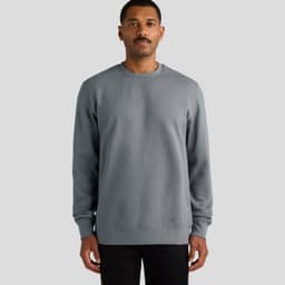 A grey hoodie is displayed, featuring a simple design and a round neckline. It has a logo on the front.