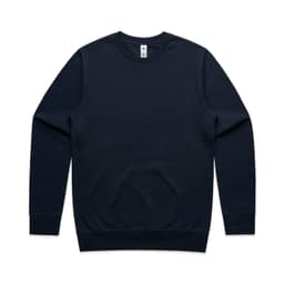 A navy blue hoodie featuring a crew neck and long sleeves. It has a branding logo on the inside.