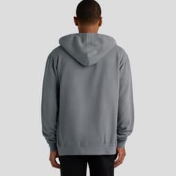 A grey hoodie with a hood, featuring a logo, viewed from the back.