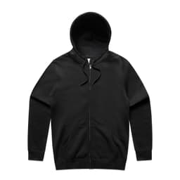 A black zip-up hoodie with a front pocket and a hood. It features a logo on one side.