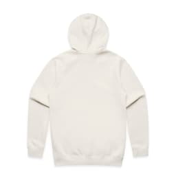 A light cream zip-up hoodie with a hood and long sleeves, featuring a plain back design.