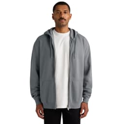 A man wearing a grey zip-up hoodie with a hood and front pockets, over a white t-shirt.