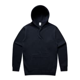 A navy blue zip-up hoodie with a drawstring hood and front pockets. It features a logo on the chest.