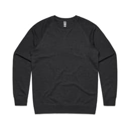 A dark grey jumper with raglan sleeves and a round neckline, featuring a logo on the tag.