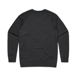 A dark grey sweater with raglan sleeves and a plain back, featuring a branding logo on the neck.