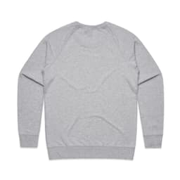 A grey sweater featuring a ribbed neckline and cuffs, with a simple design and a logo on the back.