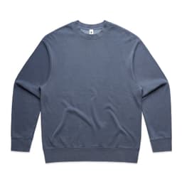 A blue sweater with long sleeves and a crew neck, featuring a logo on the label.