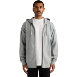 A grey zip-up hoodie displayed on a model, featuring a hood and front pockets, with a plain white tee underneath.