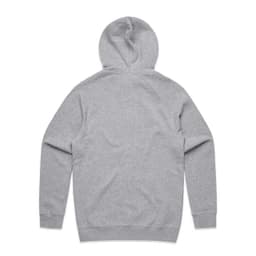 A grey hoodie with a hood and long sleeves, featuring a logo on the back.