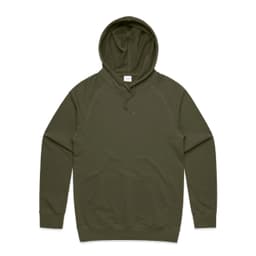 A khaki green hoodie with a front pocket and a drawstring hood, featuring a branding logo.