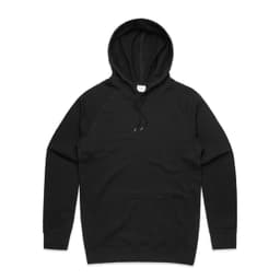 A black hoodie featuring a drawstring hood and a front pocket, with a logo displayed.