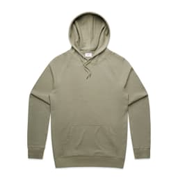 A sage green hoodie with a front pocket and a drawstring hood. It features a logo on the label.