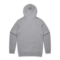 A grey hoodie with a kangaroo pocket and a hood, featuring a branding logo on the back.