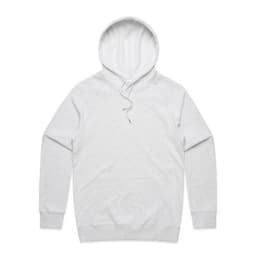 A grey hoodie featuring a front pocket and a drawstring hood, with a logo on it.