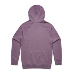 A premium hoodie in a soft mauve colour, featuring a back view with a hood and long sleeves. It has a logo on the label.