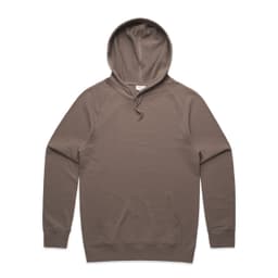 A khaki premium hoodie featuring a kangaroo pocket and a drawstring hood, with a logo present.