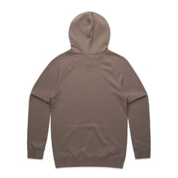 A premium hoodie in a muted brown colour, featuring a hood and long sleeves, with a logo on the back.