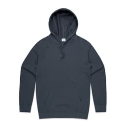 A dark grey hoodie featuring a front pocket and a hood, with a logo visible on the design.