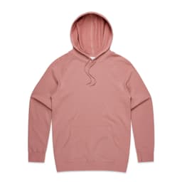 A soft pink hoodie with a front pocket and a drawstring hood, featuring raglan sleeves and a logo.