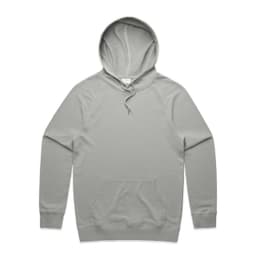 A light grey hoodie with a hood and a front pocket, featuring a logo on the chest.