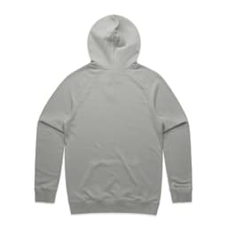 A light grey hoodie with a back view, featuring a hood and long sleeves. It has a logo on the back.