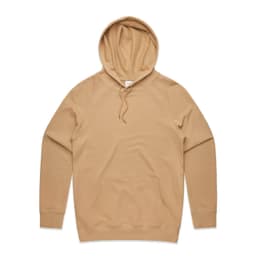 A beige premium hoodie with a hood and front pouch pocket, featuring a logo on one side.