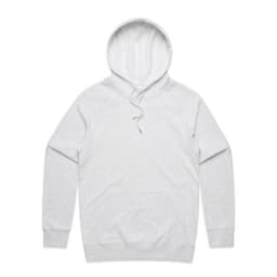 A light grey hoodie featuring a front pocket and an adjustable drawstring hood. The design includes a logo.