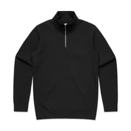 A black half zip crew jumper with long sleeves, featuring a front zip and a simple, clean design.
