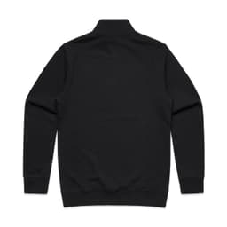 A black half-zip crew jumper featuring a high collar and ribbed cuffs, with a logo on the back.