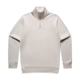 A beige half zip crew jumper with long sleeves and a zipper at the neck. It features a logo on the design.