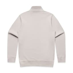 A light grey half zip crew jumper with long sleeves and a high collar. It features a logo on the back.