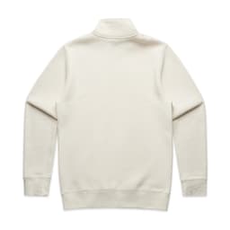 A cream-coloured sweater featuring a half zip and a collar, with long sleeves and a plain back. It has a logo.