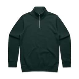 A dark green half zip crew jumper with long sleeves and a zip at the neckline, featuring a logo.