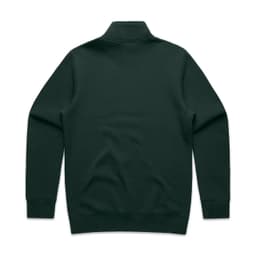 A dark green half zip crew jumper featuring a solid back design and long sleeves. It has a logo on the collar.