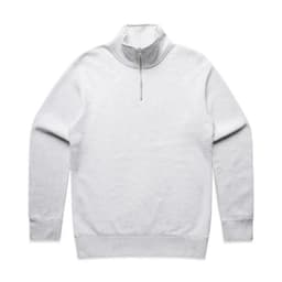 A light grey half zip crew jumper featuring long sleeves and a collar. It has a logo on the front.