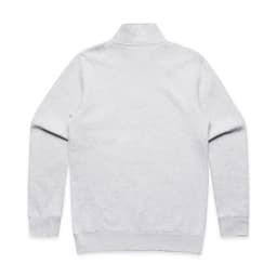 A grey half zip crew jumper, featuring long sleeves and a high collar, with a logo on the back.