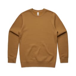 A brown jumper with a standard crew neck and long sleeves. It features a logo on the label.