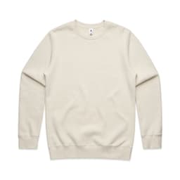 A cream-coloured jumper with a classic crew neck and long sleeves. It features a subtle logo on the label.