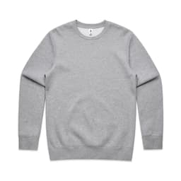 A grey jumper with long sleeves and a round neckline. It features a small logo on the front.