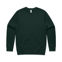 A dark green crew jumper featuring a simple design and long sleeves, with a branding logo on the neckline.