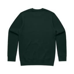 A dark green sweater with a plain back and fitted cuffs. It features a logo on the interior.