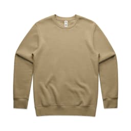 A beige jumper with long sleeves and a crew neckline, featuring a logo on the front.