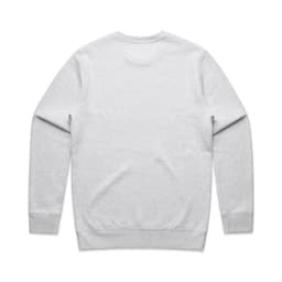 A grey sweater with long sleeves and a crew neck, featuring a logo on the back.