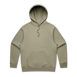 A heavy olive green hoodie with a front pocket and an adjustable drawstring hood. It features a logo on it.