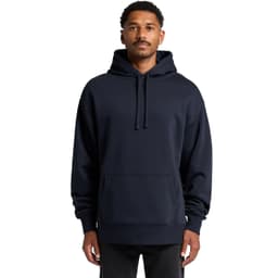 A navy blue hoodie with a front pocket and a drawstring hood, featuring a small logo.
