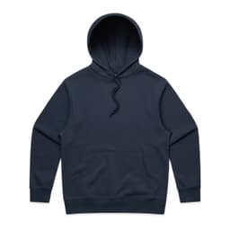 A navy blue hoodie with a front pocket and an adjustable hood. The hoodie has a logo on it.